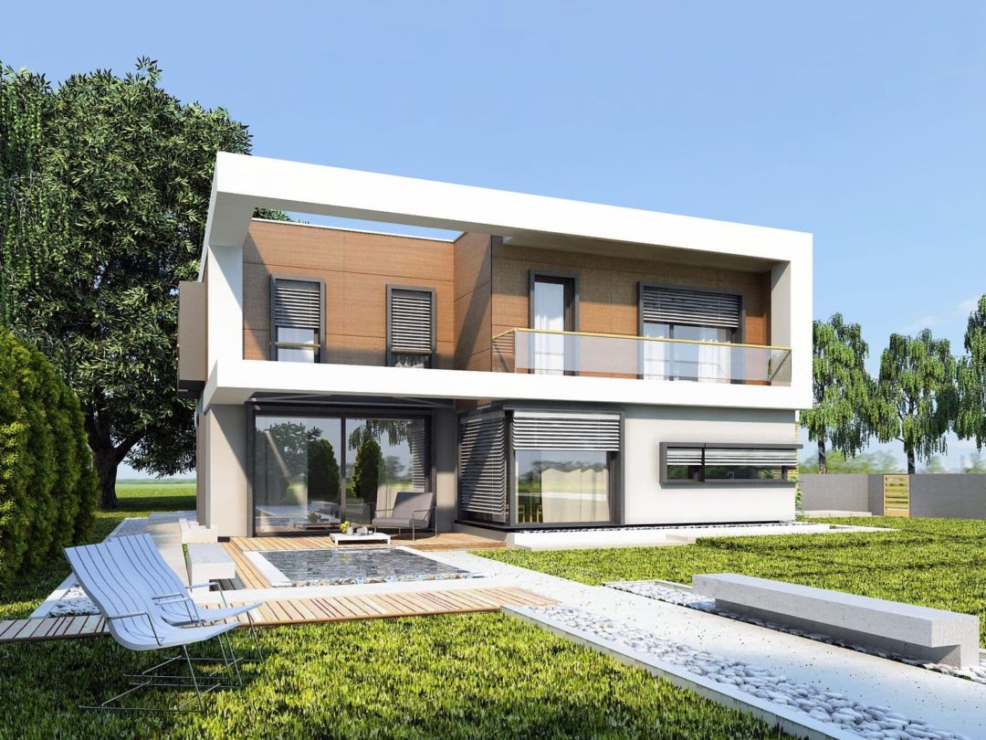 Przykład indywidualnego projektu domu z białą ramą AJR IND
